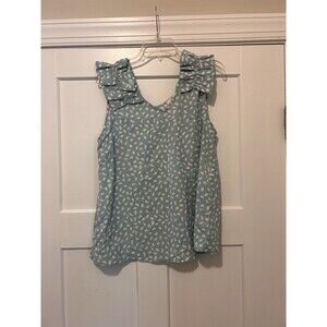 Entro Sleeveless Tank Top Ruffle Shoulders Size Large Mint Ivory Dot Pattern
